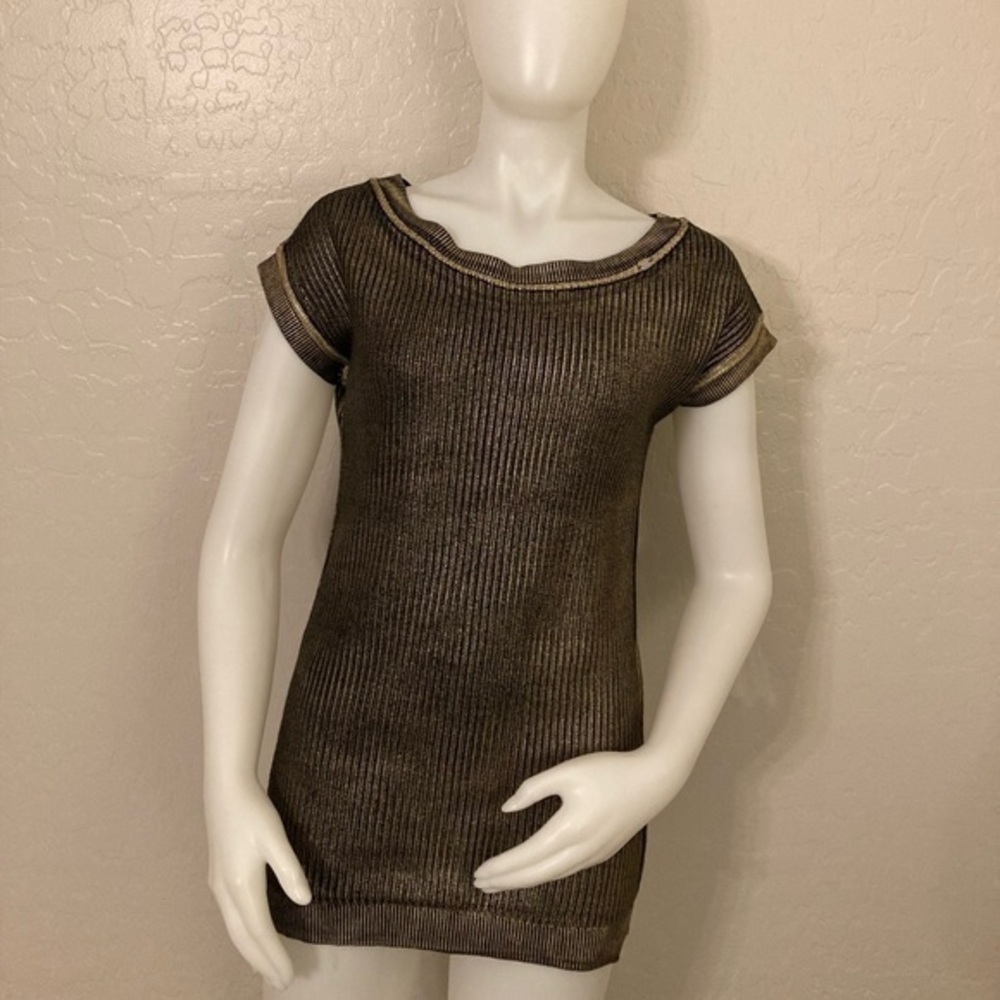 Denny Rose Metallic Gold and Black Short Sleeve Ribbed Striped Top Medium